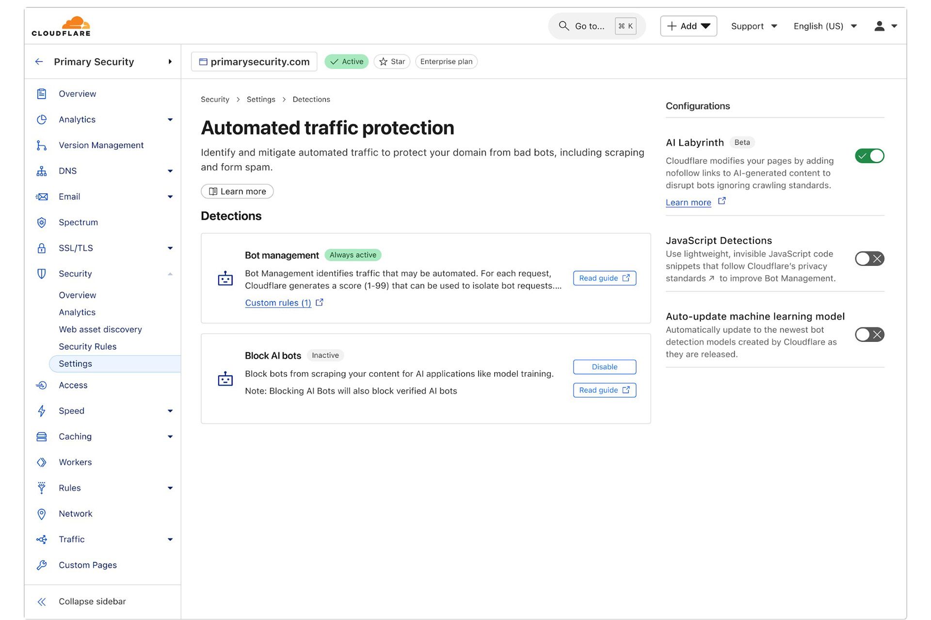 بخش Automated Traffic Protection در داشبورد کلادفلر