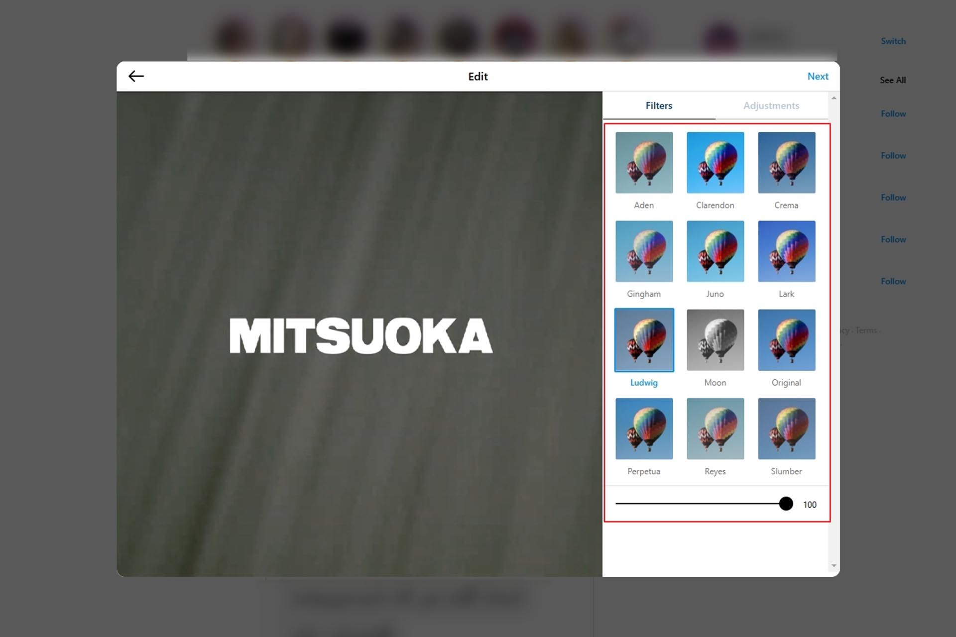 instagram-edit-filters-desktop-11-67ea869e041db8b5d5d3311b-1 انتخاب فیلترهای آماده مانند Clarendon و Ludwig برای تصویر در اینستاگرام دسکتاپ.